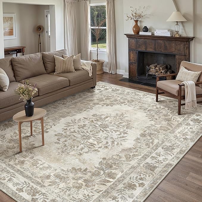6x9 Area Rug Beige Washable Vintage Distressed Living Room Carpet Large Bedroom Indoor Medallion Floral Non Slip Retro Throw Floor Mat for Office Dining Room Kitchen Bathroom
