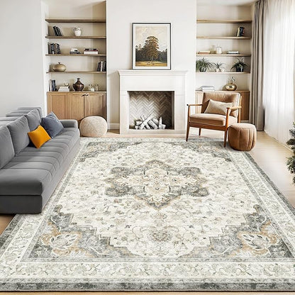 Marsail 9x12 Machine Washable Area Rug, Soft & Slip-Resistant Large Area Rug with Reinforced Bound Edges, Vintage Short-Pile Washable Rug with Floral Pattern for Living Room, Dinning Room and Bedroom