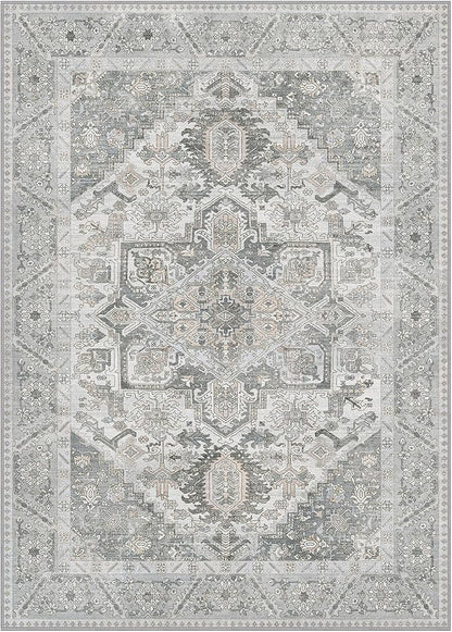 5x7 Area Rug Machine Washable Boho Rug for Living Room,Ultra-Thin Low Pile Carpet,Lightweight Indoor Printed Rug,Non Slip Floral Area Rug for Bedroom, Dining Room, Home Office,Grey Cyan