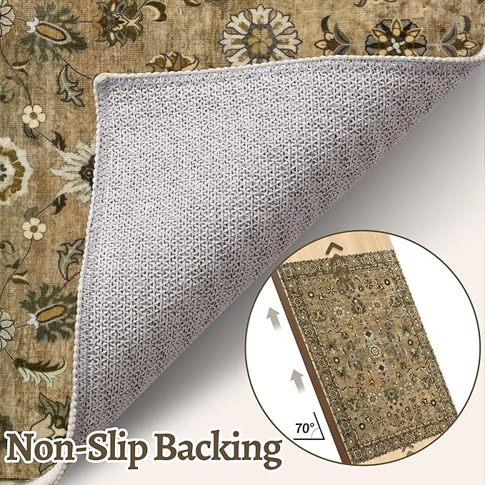 5x7 Area Rug Washable Rug for Living Room, Floral Vintage Rug Indoor Non Slip Large, Print Distressed Brown Carpet, Soft Low Pile Foldable for Bedroom Dining Room Dorm