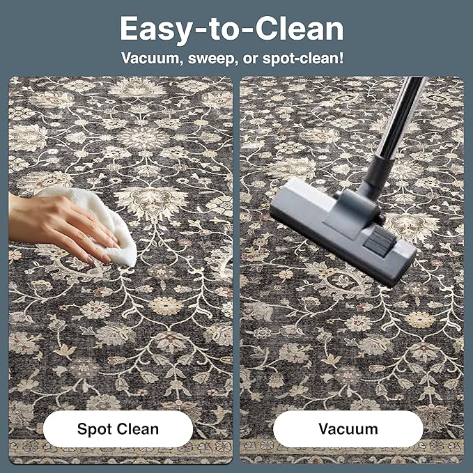 Well Woven Asha Rome Black 7'7" x 9'10" Area Rug - Oriental Floral Pattern, Easy Clean, Floor-Friendly Backing - for Living Room, Bedroom, and Dining Room