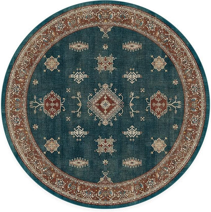RUGGABLE Washable Vintage Area Rug – Verena Teal Blue 6 ft Round, Stain-Resistant, Non-Slip – Medium Machine Washable Rugs for Living Room, Bedroom, Hallway, Entryway & Office–with Cushioned Pad