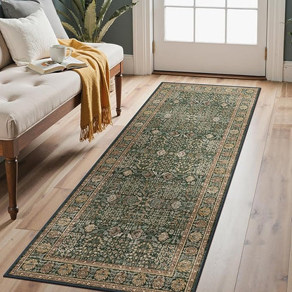 Bavni 2'6''x7 Rug Runners for Hallways, Washable Runner Rug Non Slip, Vintage Floral Print Style Rugs for Bedroom-Lightweight Low Pile Carpet for Hallways Bathroom, Dark Green/Multi