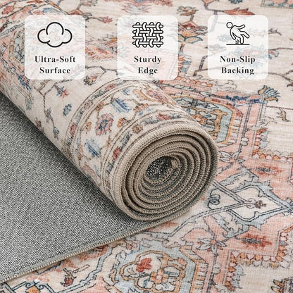 2x6 Vintage Runner Rug Low Pile Runners Non-Slip Machine Washable Rug Retro Distressed Print Lightweight Carpet for Hallway Kitchen Living Room Bedroom Laundry Room