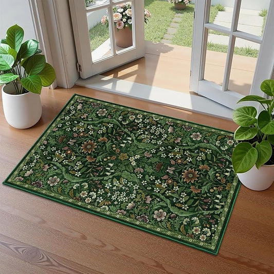 Floral 2x3 Entryway Rug,Washable Front Door Mat Indoor Non Slip Low Pile Small Carpet, Soft Green Boho Botanical Throw Rug for Bathroom Bedroom Kitchen Laundry Indoor Entrance