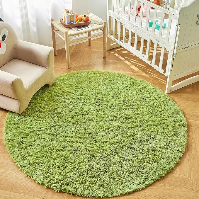 Andency Grass Green Round Area Rug 5x5 for Bedroom, Fluffy Shag Circle Rug for Room, Faux Fur Carpet for Home Decor, Fuzzy Plush Circular Rug for Living Room, Playroom