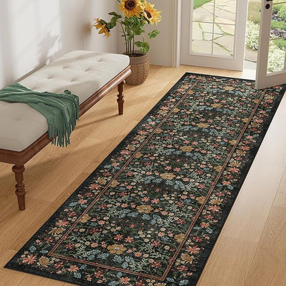 DOKINO 2x10 Runner Rug for Hallway, Vintage Washable Long Kitchen Rug with Low Pile Design, Floral Non Slip Soft Carpet Runner for Hallway, Kitchen, Bathroom, Bedroom, Black