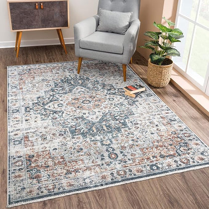 Bloom Rugs Caria Washable Non-Slip 3x5 Rug - Terracotta/Teal Traditional Area Rug for Living Room, Bedroom, Dining Room, and Kitchen - Exact Size: 3' x 5'