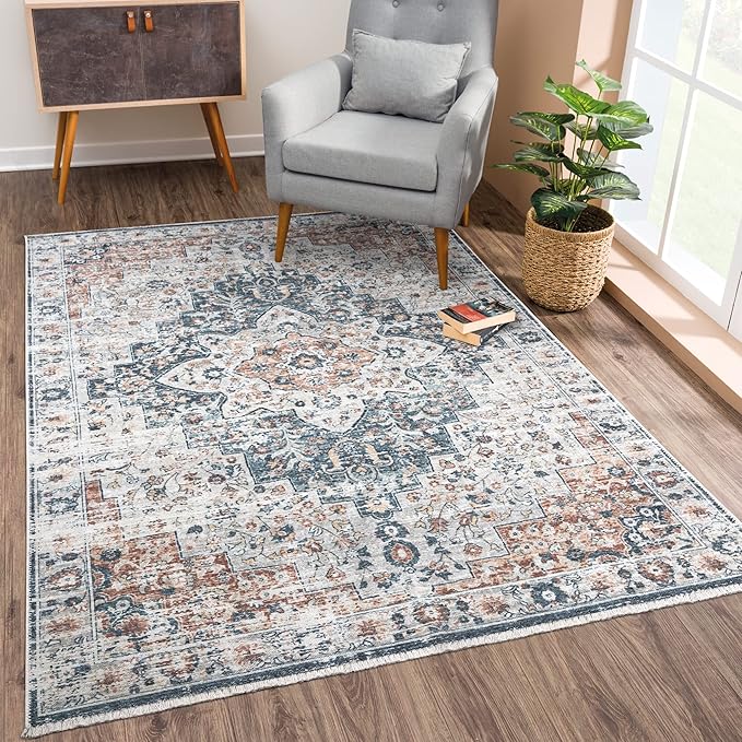 Bloom Rugs Washable Non-Slip 10x14 Rug - Terracotta/Teal Traditional Oriental Area Rug for Living Room, Bedroom, Dining Room, and Kitchen - Exact Size: 10' x 14'