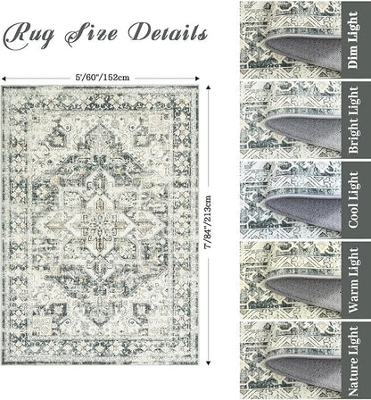 zesthome 5x7 Washable Rug-Stain Resistant Area Rugs for Living Room, Ultra-Thin Vintage Rugs, Non-Slip Backing Rug, Low Pile Large Area Rug, Boho Home Decor