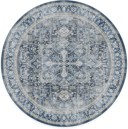 RUGGABLE Washable Area Rug – Kamran Admiral Blue 8 ft Round, Stain-Resistant, Non-Slip – Large Machine Washable Rugs for Living Room, Bedroom, Hallway, Entryway & Office–with Cushioned Pad