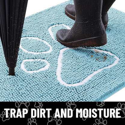 Smiry Dog Door Mat for Muddy Paws, Absorbent Dirt Trapper Non Slip Quick Dry Washable Chenille Mat for Mud Dogs, Entry Rug for Indoor and Outdoor (36x24 Inches, Sky Blue and White)