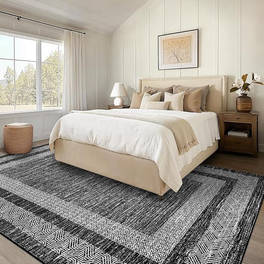 GarveeHome Modern Geometric Rug 4x6 Washable Rug for Living Room, Soft Non Shedding Indoor Carpet with Non Slip TPR Backing, Low Pile Thin Foldable Printed Floor Mats for Dining Room, Black
