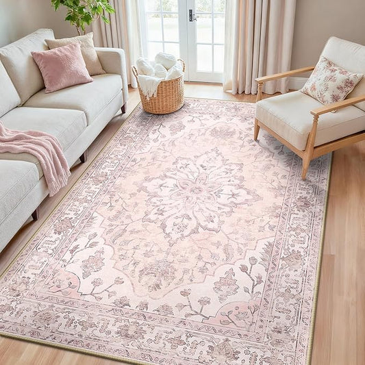 Area Rugs 5'x8' Washable Non-Slip, Floral Vintage Distress Print Pattern Medallion Carpet for Living Room Bedroom Dining Room, Pink Greypink Cute