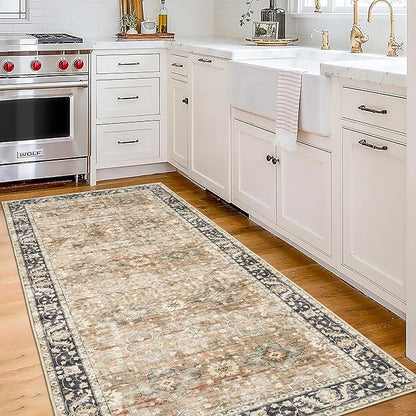 ReaLife Rugs Machine Washable Area Rug Runner - Living Room Bedroom Bathroom Kitchen Entryway - Padded Low Pile Stain Resistant Premium - Boho Farmhouse Vintage - BEV - Beige Tan Brown 2'6" x 6'