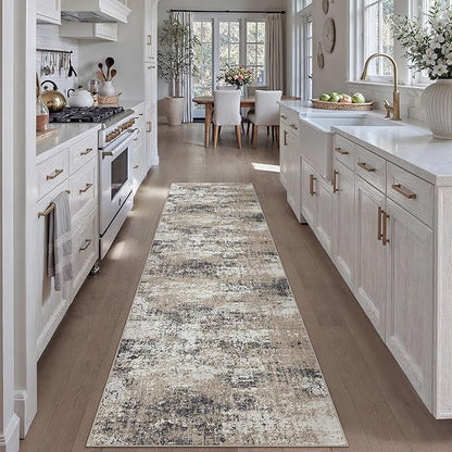 2x8 Abstract Runner Rug Brown Washable Modern Hallway Carpet Non Slip Ultra Soft Neutral Low Pile Contemporary Long Rug for Bathroom Laundry Kitchen Bedroom