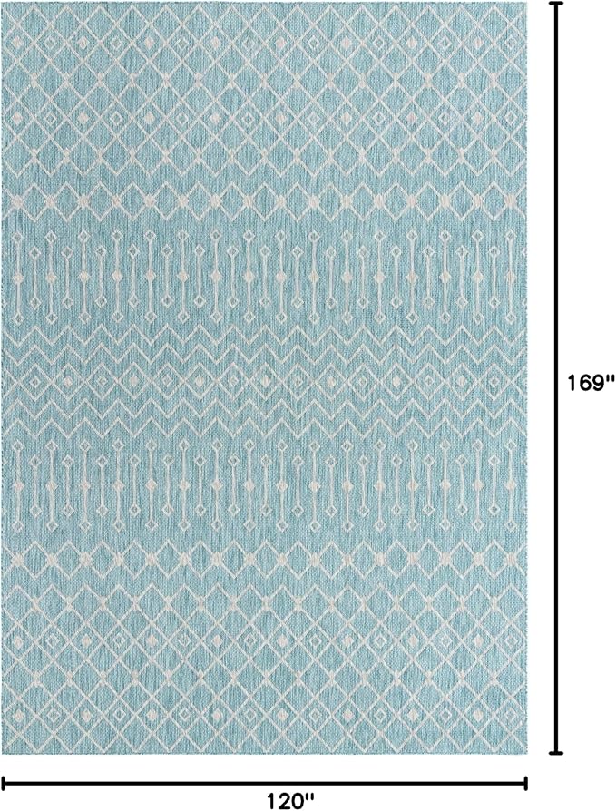 Unique Loom Outdoor Trellis Collection Area Rug - Tribal Trellis (10' x 14' 1" Rectangle, Aqua/ Ivory)