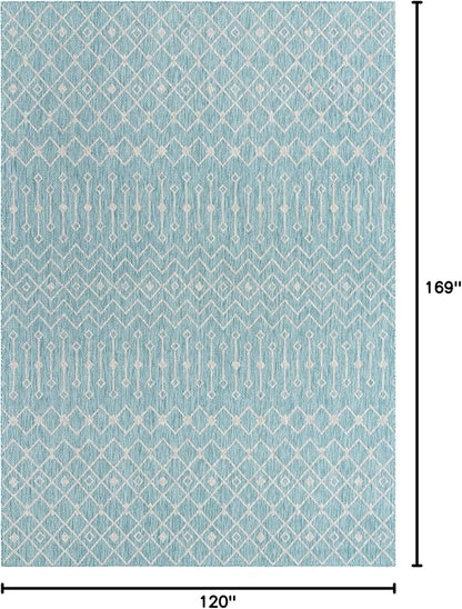 Unique Loom Outdoor Trellis Collection Area Rug - Tribal Trellis (10' x 14' 1" Rectangle, Aqua/ Ivory)