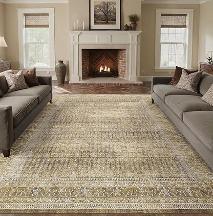 Brown 8x10 Area Rug for Living Room Washable Vintage Distressed Large Carpet Bedroom Low Pile Non Slip Indoor Soft Retro Throw Accent Rug Office Kitchen Bathroom Dining Room