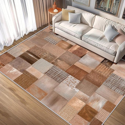 Patchwork Rug, Washable 5x7 Rug for Living Room, Geometric Brown Patterned Indoor Carpet, Patchwork Decor for Home, Bedroom, Soft Non Slip Thin Design FER8