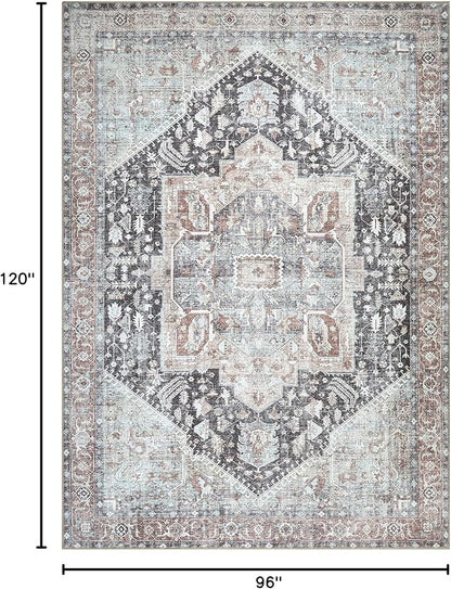 Bloom Rugs Washable Non-Slip 8' x 10' Rug - Charcoal/Brown Traditional Medallion Area Rug for Living Room, Bedroom, Dining Room, and Kitchen - Exact Size: 8' x 10'