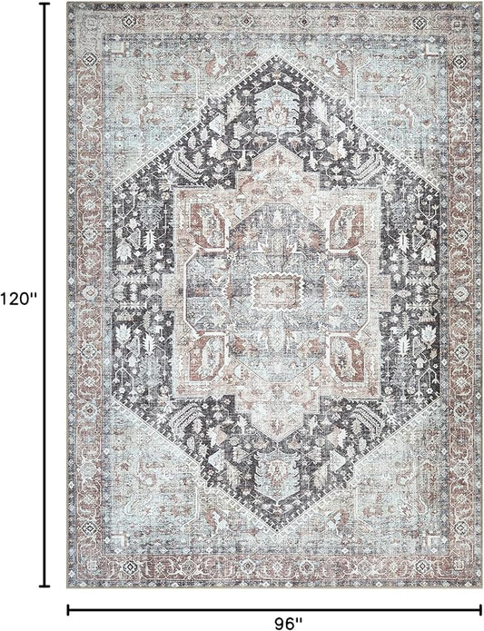 Bloom Rugs Washable Non-Slip 8' x 10' Rug - Charcoal/Brown Traditional Medallion Area Rug for Living Room, Bedroom, Dining Room, and Kitchen - Exact Size: 8' x 10'