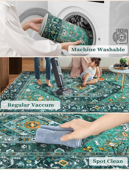 SERISSA Boho Washable Runner Rug, 2'6"x8' Rug Runner Non-Slip Vintage Teal Hallway Kitchen Runner Rug Ultra Soft Print Distressed Tribal Floor Carpet Runner for Bedroom Bathroom Laundry Room