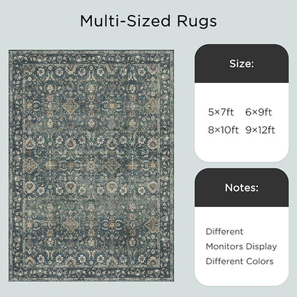 6x9 Rugs for Living Room, Soft Large Area Rugs Blue Washable Rug, Indoor Vintage Rugs for Bedroom Home Office Laundry, Rubber Backed Non Slip Low Pile Carpet, Deep Blue