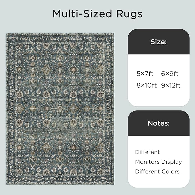 9x12 Area Rug for Living Room, Soft Large Rugs Blue Washable Rugs, Indoor Vintage Carpet for Bedroom Dining Room Office, Rubber Backed Non Slip Low Pile Mat, Deep Blue