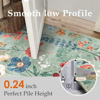 Floral Runner Rug 3x12 Washable Hallway Long Green Bedroom Carpet Non Slip Indoor Boho Kitchen Low Pile Accent Rug Lightweight Soft for Bathroom Dining Laundry Living Room