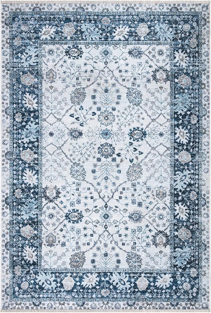 Bloom Rugs Caria Washable Non-Slip 6x9 Rug - Navy Blue Traditional Bordered Area Rug for Living Room, Bedroom, Dining Room, and Kitchen - Exact Size: 6' x 9'