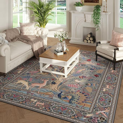Rugcomf Area Rugs 5x7 Vibrant Tree of Life-Patterned Vintage Washable Area Rug Non Slip Low Pile Large Rugs for Living Room Bedroom Farmhouse Dining Room Kids Playroom, Grey
