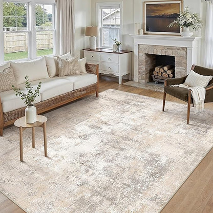 6x9 Washable Area Rug Beige Grey Abstract Living Room Bedroom Throw Rug Neutral Modern Non Slip Soft Low Pile Indoor Carpet for Dining Room Office Entryway