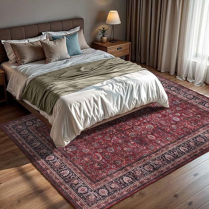 GLN Rugs Traditional Collection - Machine Washable Area Rug, Traditional Washable, Non Slip, Low Pile Chenille Rug, Living Room, Bedroom, Kitchen Rug (9' x 12' Dark Red)