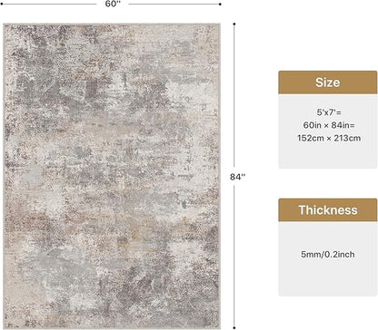 GENIMO Washable 5x7 Area Rugs for Living Room, Non Slip Modern Abstract Rug, Machine Washable Stain Resistant Low Pile Soft Carpet for Bedroom, Dining, Office, Light Grey Brown