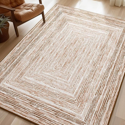 Phantoscope Washable Area Rug 5'x7' Non-Slip, Modern Neutral Boho Rugs for Living Room, Bedroom, Dining Room, Distressed Geometric Rectangle Pattern, Low-Pile Foldable Floor Carpet, Neutral Beige/Rust