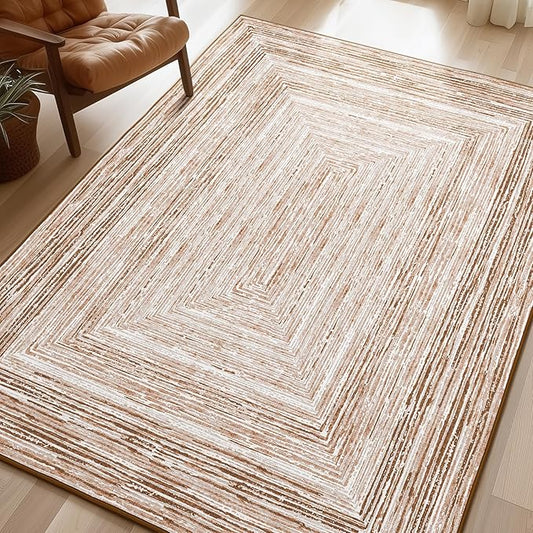 Phantoscope Washable Area Rug 5'x7' Non-Slip, Modern Neutral Boho Rugs for Living Room, Bedroom, Dining Room, Distressed Geometric Rectangle Pattern, Low-Pile Foldable Floor Carpet, Neutral Beige/Rust