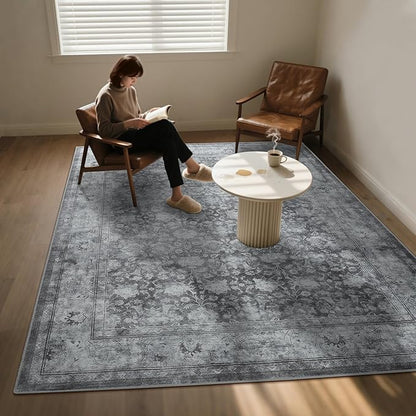 Large 8x10 Washable Area Rug for Living Room, Non Slip Vintage Traditional Rugs for Bedroom, Indoor Thin Accent Floral Nursery Carpet for Dining Room, Farmhouse (Distressed Grey)