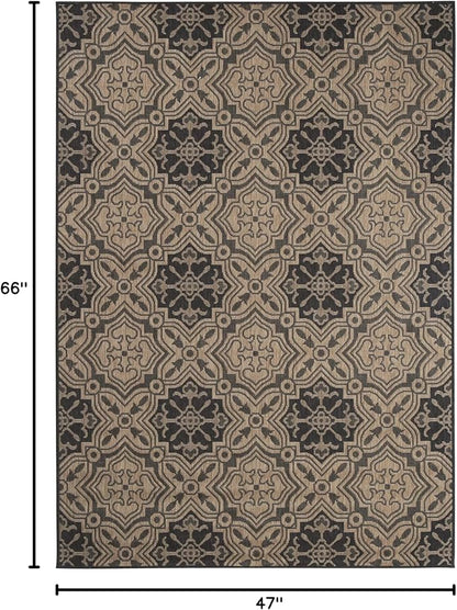 FH Home Flat Woven Outdoor Rug - Waterproof, Easy to Clean, Stain resistant - Premium Polypropylene Yarn - Mosaic Tile - Patio, Deck, Porch, Balcony, Laundry - Messina - Charcoal - 3ft 11 in x 5ft 6in