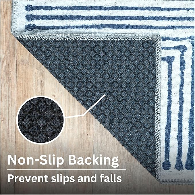 Bloom Rugs Washable Non-Slip 7 ft Runner - Blue/Ivory Striped Runner for Entryway, Hallway, Bathroom, and Kitchen - Exact Size: 2.5' x 7'
