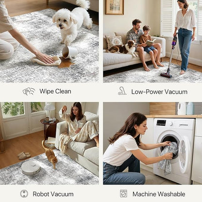 GENIMO Washable Area Rugs for Living Room, 8x10 Modern Non Slip Rugs, Low Pile Lightweight Soft Print Rug for Bedroom, Dining Room, Home Office, Grey