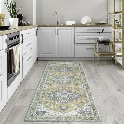 Bloom Rugs Washable Non-Slip 12 ft Runner - Yellow Traditional Medallion Runner for Entryway, Hallway, Bathroom, and Kitchen - Exact Size: 2.5' x 12'
