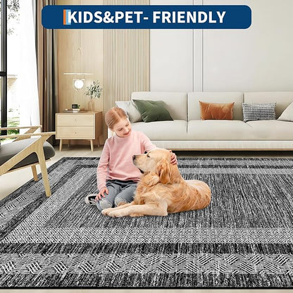 GarveeHome Large Washable Rug 9x12 Modern Geometric Non Slip, Distressed Bordered Printed Rug, Soft Non Shedding Indoor Carpet, Low Pile Thin Foldable Mats for Open Spaces Offices, Black