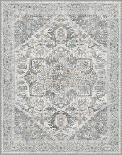 8x10 Area Rug Machine Washable Boho Rug for Living Room,Ultra-Thin Low Pile Carpet,Lightweight Indoor Printed Rug,Non Slip Floral Area Rug for Bedroom, Dining Room, Home Office,Grey Cyan