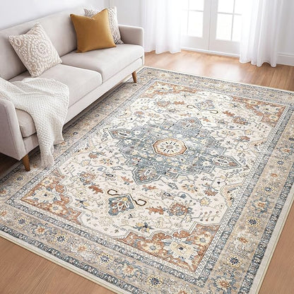 5x7 Area Rugs Living Room: Washable Boho Large Neutral Vintage Soft Rug Stain Resistant Distressed Farmhouse Non-Slip Indoor Floor Carpet for Bedroom Nursery Kids Office Dining Room- Beige Blue