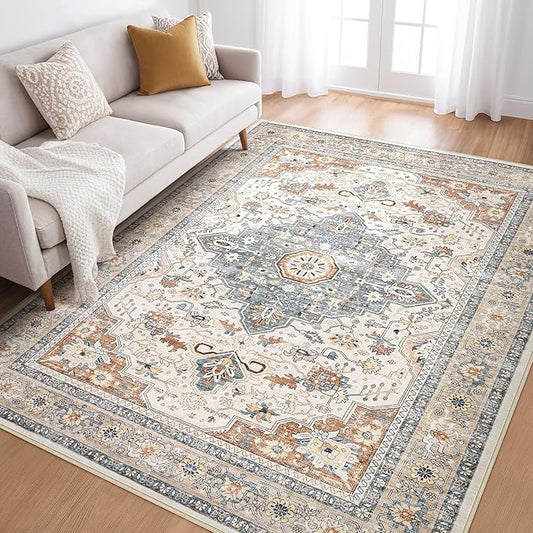 5x7 Area Rugs Living Room: Washable Boho Large Neutral Vintage Soft Rug Stain Resistant Distressed Farmhouse Non-Slip Indoor Floor Carpet for Bedroom Nursery Kids Office Dining Room- Beige Blue