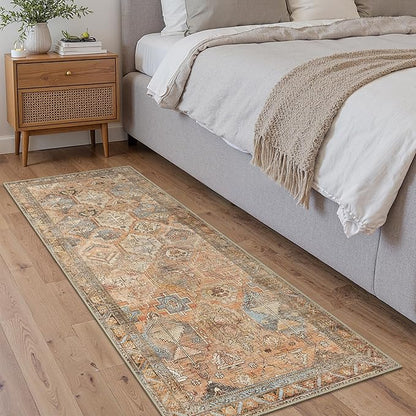 Bavni Runner Rugs 2x7 Kitchen Rug for Hallways Entryway, Washable Vintage Print Carpet, Ultra-Thin Low Pile Lightweight Rug with Non Slip Backing, Sunset Yellow