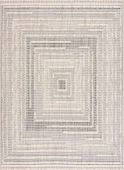 Hauteloom Lunao Farmhouse Living Room Bedroom Moroccan Square Pattern Abstract Area Rug - Soft Shaggy High Low Carpet - High Pile - Bohemian, Boho - Gray, Brown, Beige, Cream - 5'3" x 7'