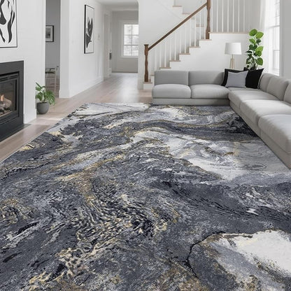 Abstract 10x14 Area Rugs: Modern Washable Rug for Living Room Bedroom Dining Room Indoor - Thin Low Pile Non-Slip Large Carpet - Black Gold