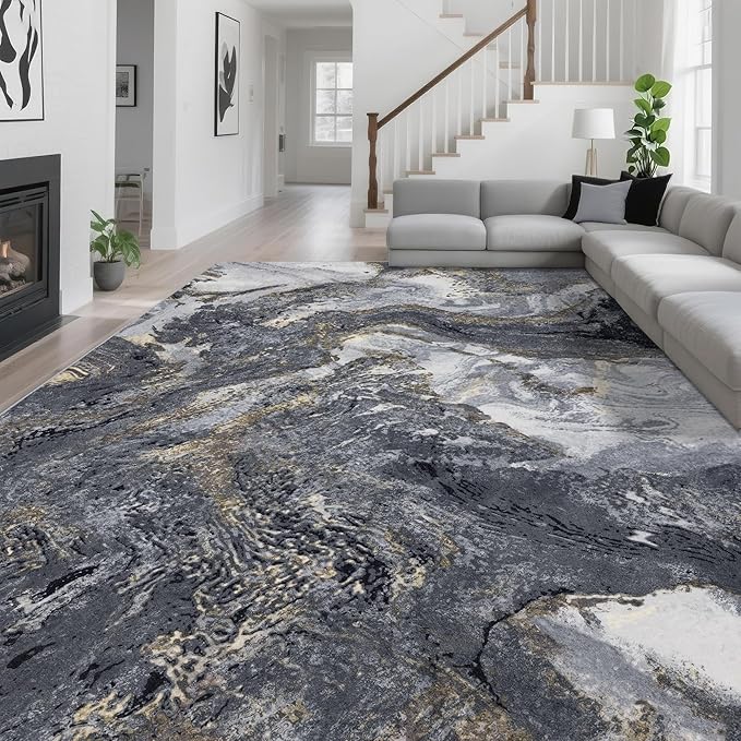 Abstract 8x10 Area Rugs: Modern Washable Rug for Living Room Bedroom Dining Room Indoor - Thin Low Pile Non-Slip Large Carpet - Black Gold
